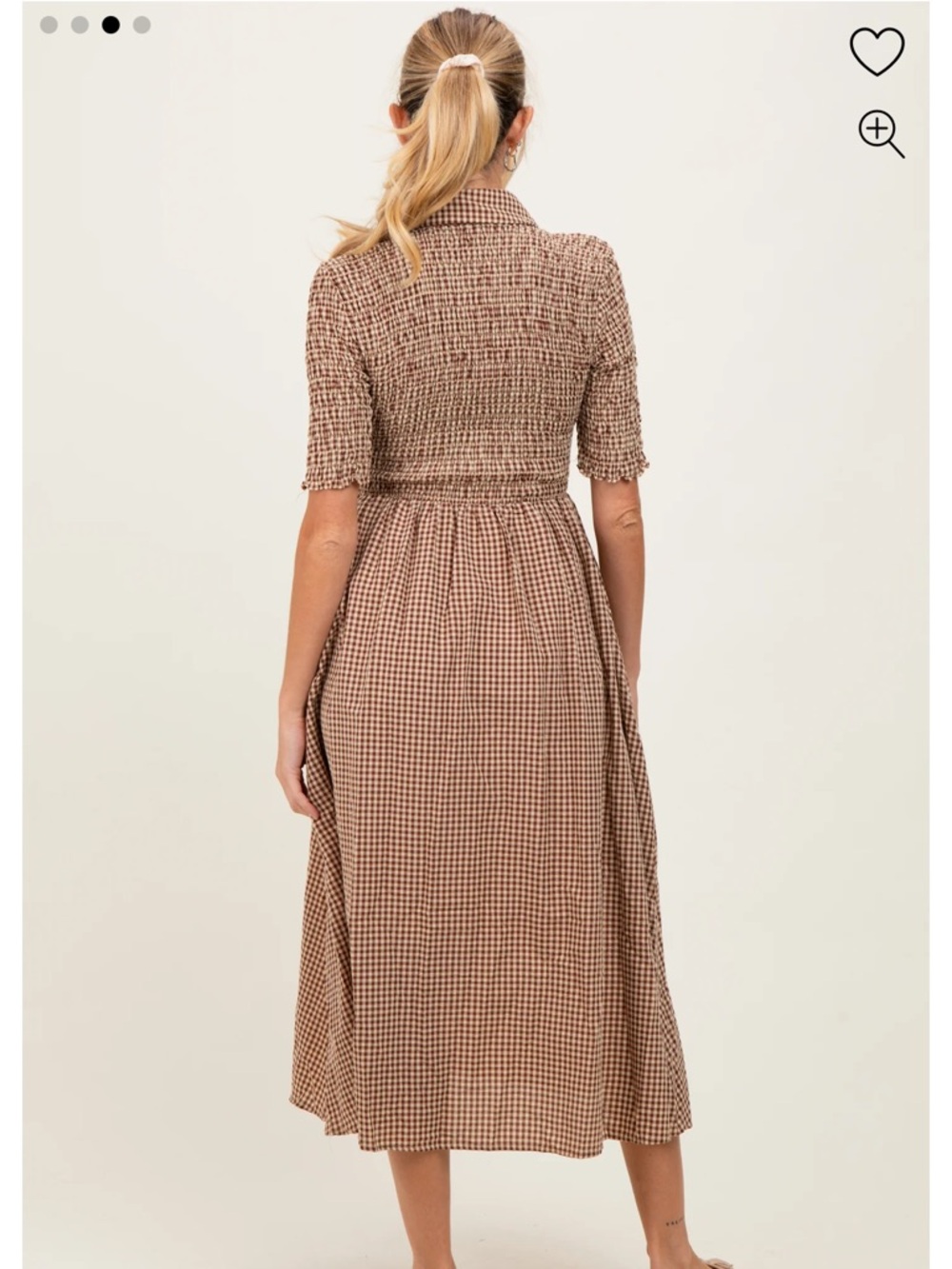 PinkBlush Mocha Gingham Smocked Button Down Maternity Midi Dress in Size S - Picture 3 of 10